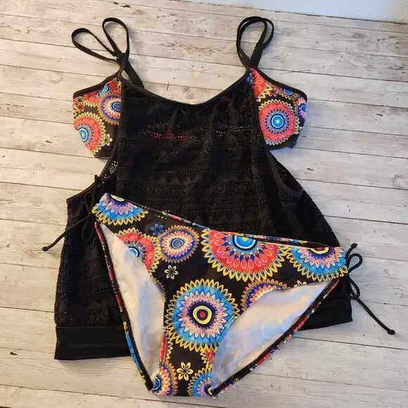 Two Piece Tankini Swimsuit with Mesh Overlay NWOT Size Large - Picture 5 of 12